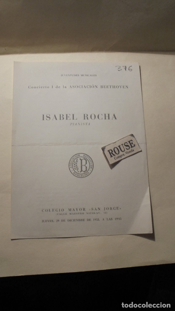 Cat&aacute;logos de M&uacute;sica: PROGRAMA MUSICA - JUVENTUDES MUSICALES CONCIERTO I DE LA ASOCIACION BEETHOVEN - ISABEL ROCHA pianist