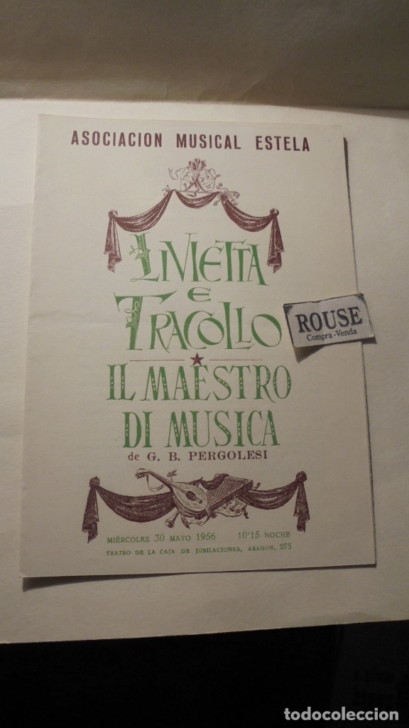 Catalogues de Musique: CATALOGO MUSICA - ASOCIACION MUSICAL ESTELA , LIVIETTA E TRACOLLO IL MAESTRO DI MUSICA de G. B. PERG