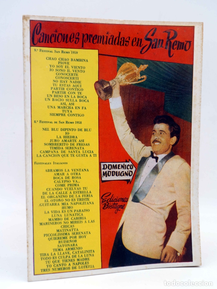 Cat&aacute;logos de M&uacute;sica: CANCIONERO. SAN REMO. CANCIONES PREMIADAS. DOMENICO MODUGNO (Domenico Modugno) Bistagne, 1959. OFRT