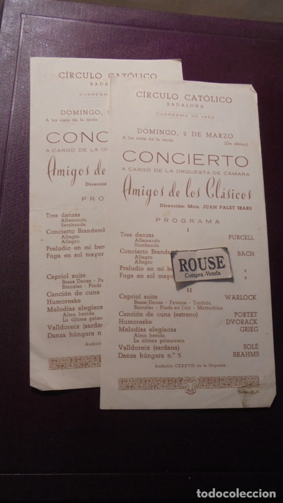 Cat&aacute;logos de M&uacute;sica: BADALONA - PROGRAMA , CIRCULO CATOLICO CUARESMA 1952 CONCIERTO ORQUESTA DE CAMARA AMIGOS DE LOS CLAS