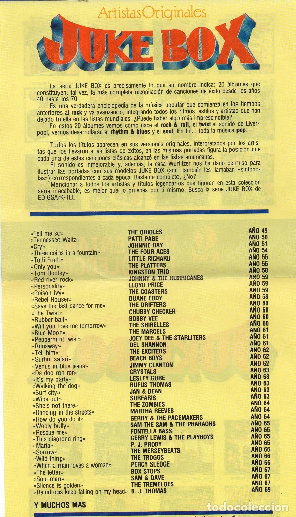 Cat&aacute;logos de M&uacute;sica: Folleto Artistas Originales Juke Box