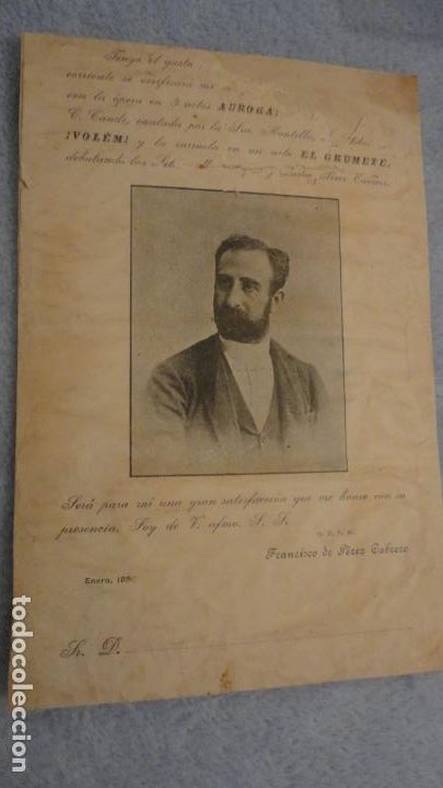 Cat&aacute;logos de M&uacute;sica: ANTIGUA INVITACION CONCIERTO.FRANCESC PEREZ CABRERO I FERRATER. 1890? COMPOSITOR.DIRECTOR ORQUESTA