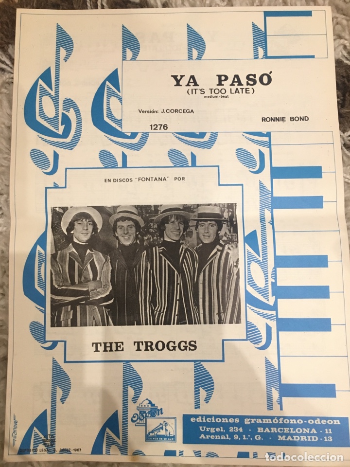 Catalogues de Musique: Partitura Cancionero The Troggs, Ya Paso, It&rsquo;s Too Late, 1967 Odeon