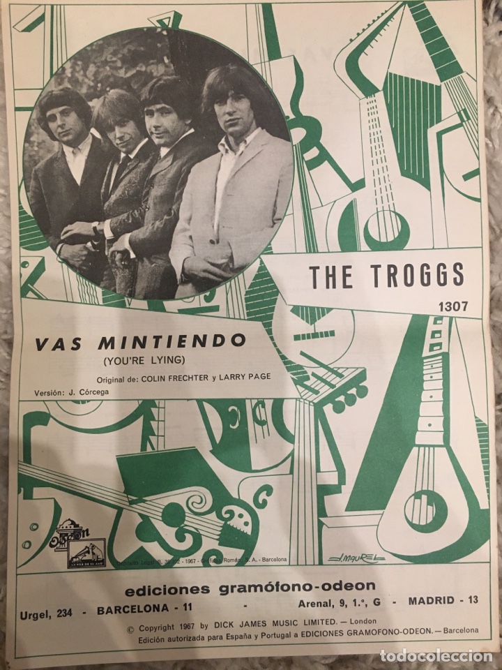 Cat&aacute;logos de M&uacute;sica: Partitura Cancionero The Troggs vas mintiendo you&rsquo;re lying 1967 Odeon