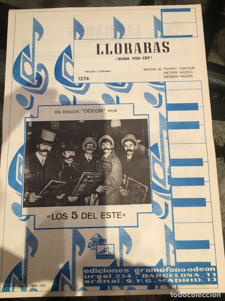 Cat&aacute;logos de M&uacute;sica: Partitura Cancionero Los 5 Del Este Lloraras 1968