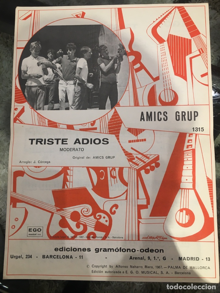 Cat&aacute;logos de M&uacute;sica: Partitura cancionero Amics Grup Triste Adi&oacute;s 1967