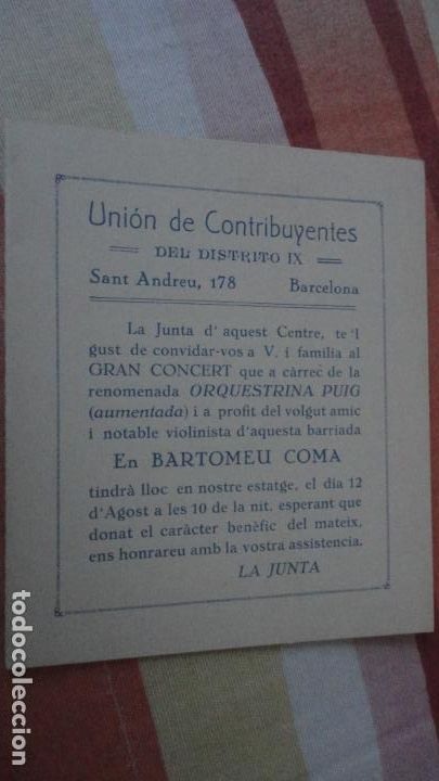Catalogues de Musique: PROGRAMA.UNION CONTRIBUYENTES.SAN ANDRES BARCELONA. CORQUESTRINA PUIG.BARTOMEU COMA.VIOLIN.