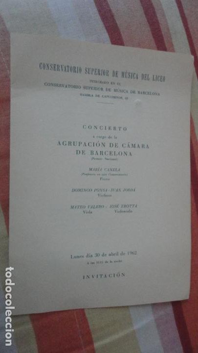 Cat&aacute;logos de M&uacute;sica: CONCIERTO.CONSERVATORIO MUSICA BARCELONA 1962.MARIA CANELA.DOMINGO PONSA.JUAN JORDA.JOSE TROTTA