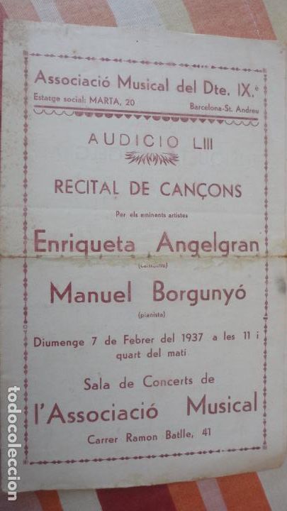 Catalogues de Musique: CONCIERTO.SAN ANDRES.BARCELONA 1937.ENRIQUETA ANGELGRAN.MANUEL BORGUNYO.JAUME LLECHA.MARIA CARBONELL