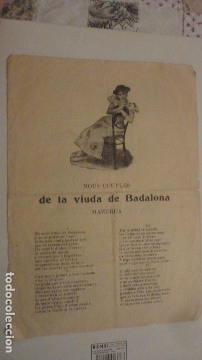 Catalogues de Musique: ANTIGUA HOJA.LETRAS.COUPLES DE LA VIUDA DE BADALONA.XAF-NASSOS.PICARDIAS DE UN CUSINET.