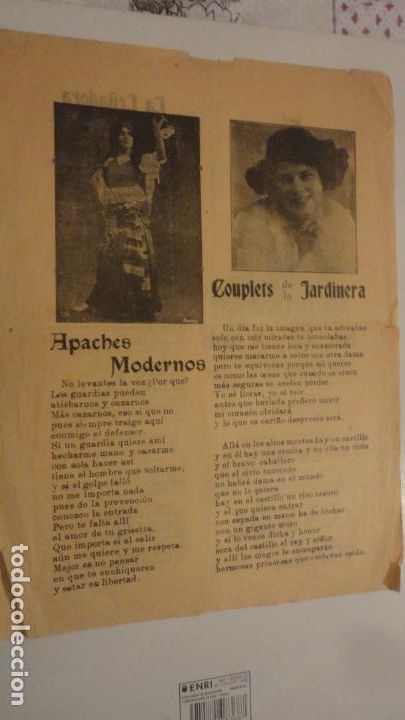 Catalogues de Musique: ANTIGUA HOJA.LETRAS.COUPLETS DE LA JARDINERA.APACHES MODERNOS.LA LE&Ntilde;ADORA.DALE A LA RUEDA