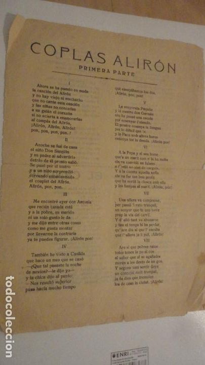 Catalogues de Musique: ANTIGUA HOJA.LETRAS.COPLAS ALIRON.EL CANDOR.LA FLECA.JUAN GRAU.REUS.TARRAFONA.