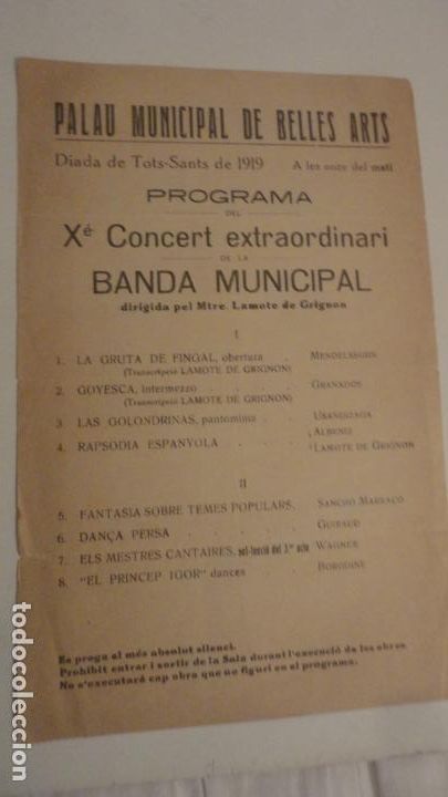 Catalogues de Musique: PROGRAMA CONCIERTO.PALAU BELLES ARTS.DIADA TOTS SANTS.BARCELONA 1919.BANDA.LAMOTE GRIGNON