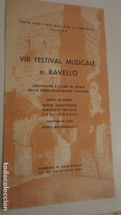 Catalogues de Musique: FESTIVAL MISICALE RAVELLO.SALERMO 1960.NINO SANZOGNO.MASSIMO FRECCIA.PAUL STRAUSS.NINO ANTONELLINI
