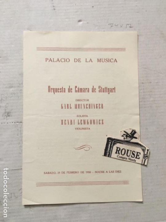 Cat&aacute;logos de M&uacute;sica: ANTIGUO PROGRAMA DE MUDICA - ORQUESTA DE C&Aacute;MARA DE STUTTGART director KARL MOUNCHINGER Solista HENRI