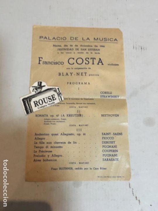 Catalogues de Musique: PROGRAMA DE M&Uacute;SICA - 1 hoja 1944 FRANCISCO COSTA violinista BLAY -NET pianista PALACIO DE LA M&Uacute;SICA