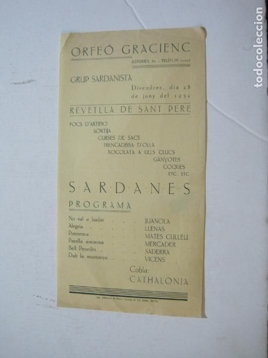 Cat&aacute;logos de M&uacute;sica: ORFEO GRACIENC-GRUP SARDANISTA-REVETLLA DE SANT PERE-PROGRAMA-VER FOTOS-(K-456)
