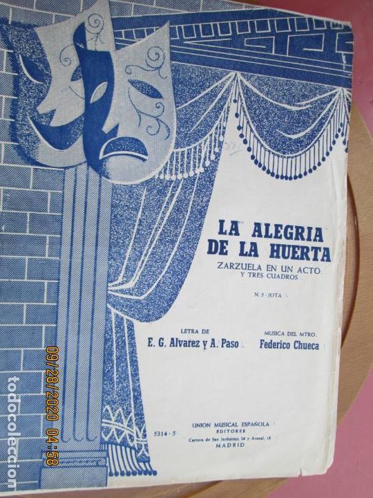 Cat&aacute;logos de M&uacute;sica: LA ALEGRIA DE LA HUERTA ZARZUELA EN UN ACTO Y TRES CUADROS UNION MUSICAL ESPA&Ntilde;OLA