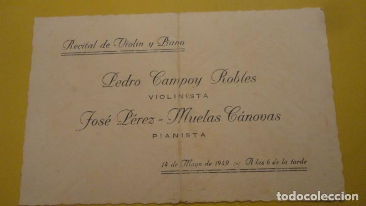 Cat&aacute;logos de M&uacute;sica: ANTIGUA TARJETA.RECITAL CONCIERTO.VIOLIN PEDRO CAMPOY ROBLES-PIANO JOSE PEREZ MUELAS CANOVAS.1942 ?
