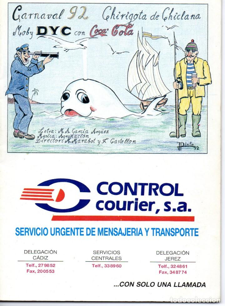 Cat&aacute;logos de M&uacute;sica: CARNAVAL DE CADIZ 1992 LIBRETO CHIRIGOTA LOS MOBY DYC CON COCA COLA, DEL CHAPA