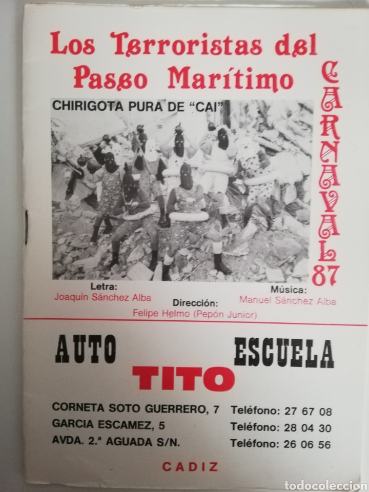 Cat&aacute;logos de M&uacute;sica: LOS TERRORISTAS DEL PASEO MAR&Iacute;TIMO - Libreto Chirigota Carnaval C&aacute;diz 1987
