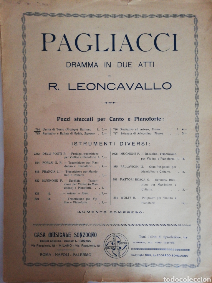 Cat&aacute;logos de m&uacute;sica: Pagliacci - Leoncavallo (Partituras) - Foto 1