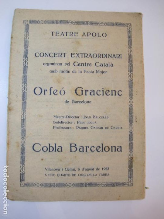 Cat&aacute;logos de M&uacute;sica: BARCELONA-TEATRE APOLO-CONCERT CENTRE CATALA ORFEO GRACIENC-PROGRAMA 5 AGOST 1923-VER FOTOS-(K-2427)