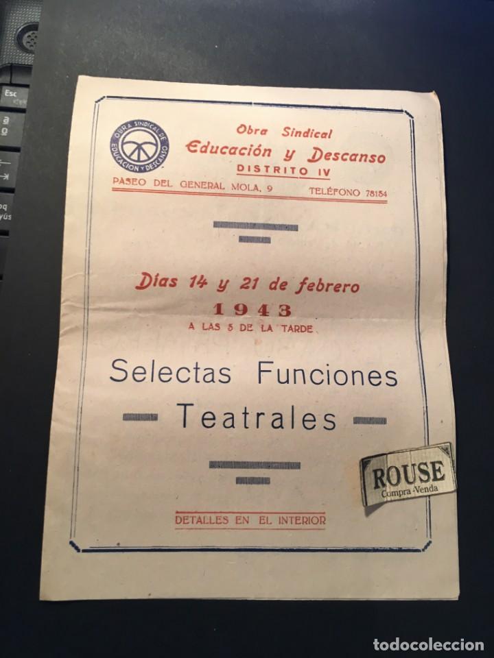 Catalogues de Musique: TEATRO C.N.S. JEFATURA PROVINCIAL - BARCELONA - ANTIGUO PROGRAMA 1943 - 14 Y 21 FEBRERO
