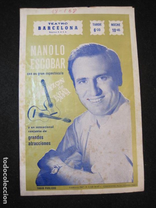 Catalogues de Musique: MANOLO ESCOBAR-TEATRO BARCELONA-PROGRAMA ANTIGUO-VER FOTOS-(K-3199)