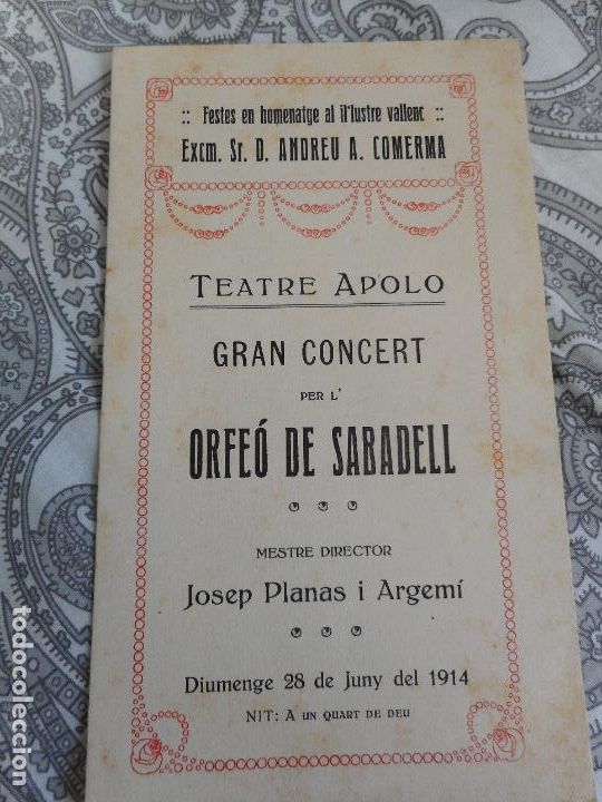 Cataloghi di Musica: TEATRO APOLO.CONCIERTO ORFEO SABADELL.JOSEP PLANAS ARGEMI.CIPRIA CABAN&Eacute;.ANDREU COMERMA.1914