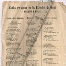 Catálogos de Música: 1879 PLIEGO DE CORDEL COPLAS PER CANTAR EN LOS EXERCICIS DE MISSIÓ DE NOYS Y NOYAS - BARCELONA RIERA