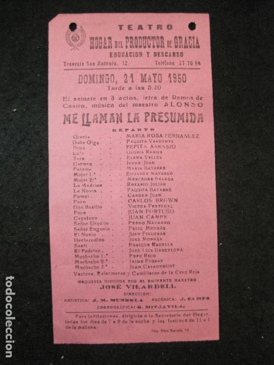 Cat&aacute;logos de M&uacute;sica: TEATRO HOGAR DEL PRODUCTOR DE GRACIA-A&Ntilde;O 1950-PROGRAMA ANTIGUO-VER FOTOS-(K-4092)