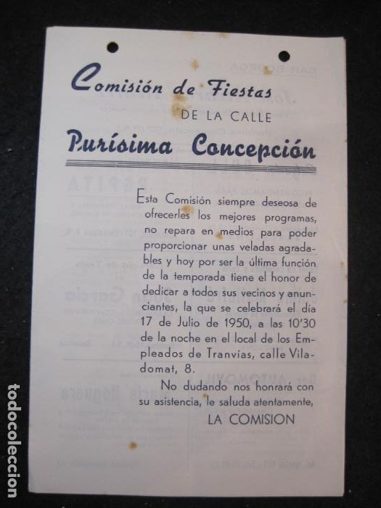 Cat&aacute;logos de M&uacute;sica: COMISION DE FIESTAS-CALLE PURISIMA CONCEPCION-A&Ntilde;O 1950-PROGRAMA ANTIGUO-VER FOTOS-(K-4093)