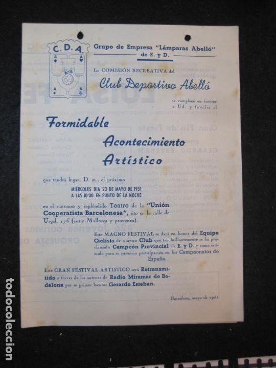 Cat&aacute;logos de M&uacute;sica: CLUB DEPORTIVO ABELLO-LAMPARAS ABELLO-A&Ntilde;O 1951-VER FOTOS-(K-4096)