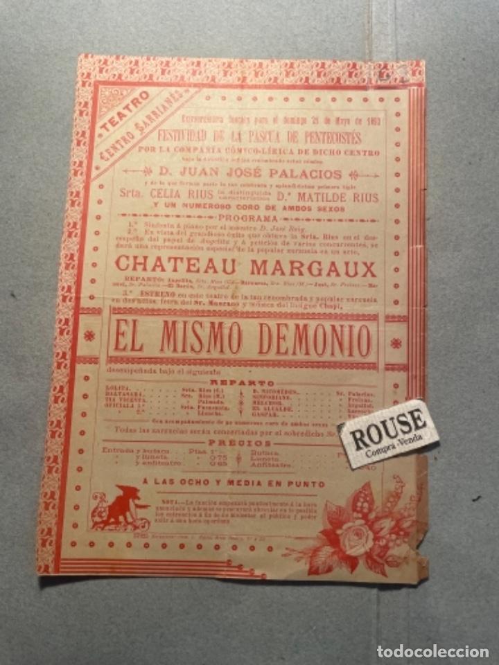 Catalogues de Musique: ANTIGUO PROGRAMA TEATRO SOCIEDAD CENTRO SARRIANES 1893 EXTRAORDINARIA FUNCION 21 MAYO POR LA COMPA&Ntilde;I