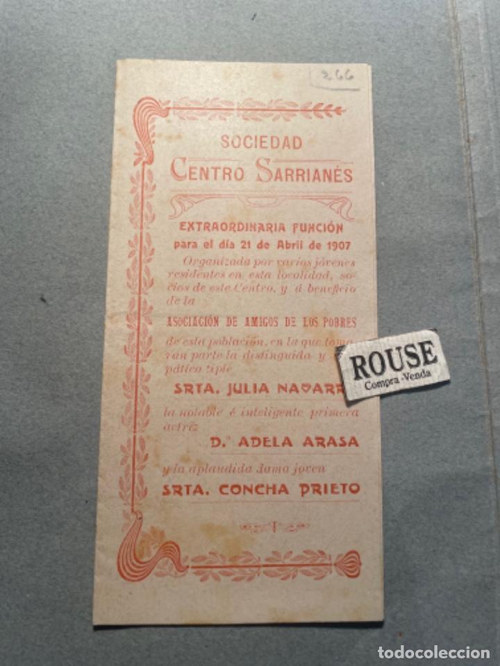 Catalogues de Musique: ANTIGUO PROGRAMA TEATRO 1907 SOCIEDAD CENTRO SARRIAN&Eacute;S A BENEFICIO ASOCIACION DE AMIGOS DE LOS POBRE