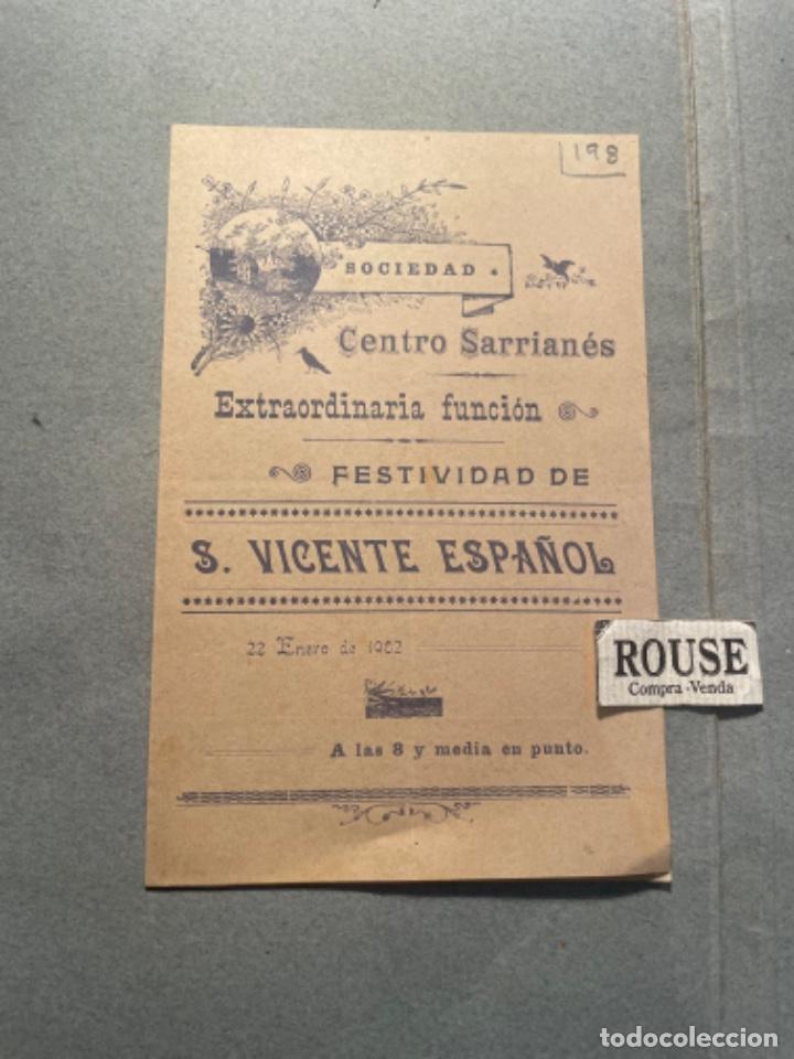 Catalogues de Musique: ANTIGUO PROGRAMA TEATRO 1902 SOCIEDAD CENTRO SARRIAN&Eacute;S EXTRAORDINARIA FUNCION FESTIVIDAD S. VICENTE