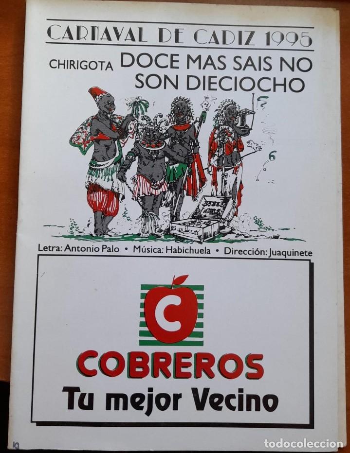 Cat&aacute;logos de M&uacute;sica: CARNAVAL DE C&Aacute;DIZ, CANCIONERO O LIBRETO DE LA CHIRIGOTA DOCE M&Aacute;S SAIS NO SON DIECIOCHO, 1995