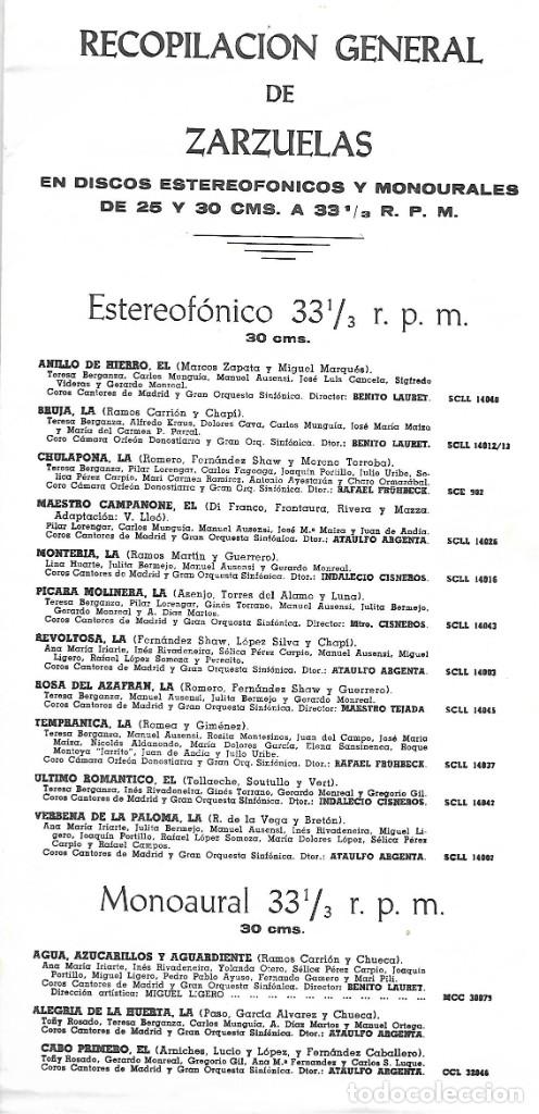 Catalogues de Musique: Catalogo de las Zarzuelas Editadas por Columbia y Alhambra - 1967 - Triptico de 9 paginas