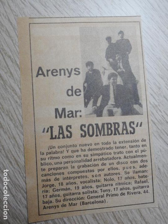 Catalogues de Musique: ANTIGUO RECORTE.GRUPO MUSICAL LAS SOMBRAS. ARENYS DE MAR. A&Ntilde;OS 60