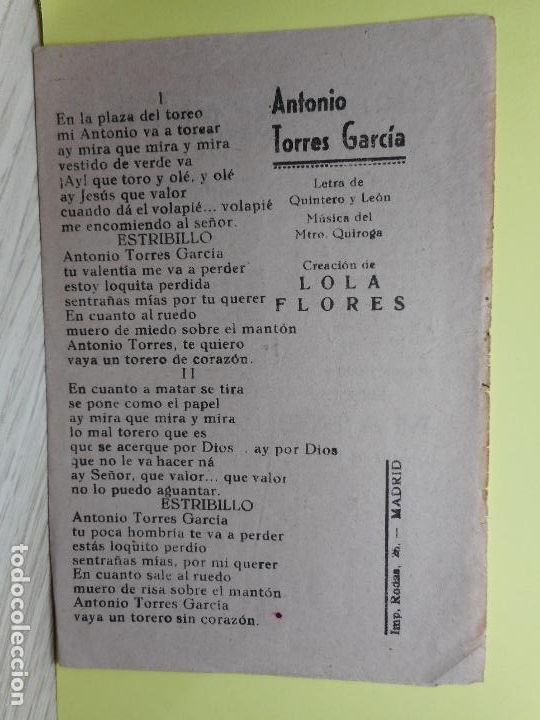 Catalogues de Musique: ANTIGUO CANCIONERO.ANTONIO TORRES GARCIA.LOLA FLORES.ANTONIO MOLINA.MADRID.