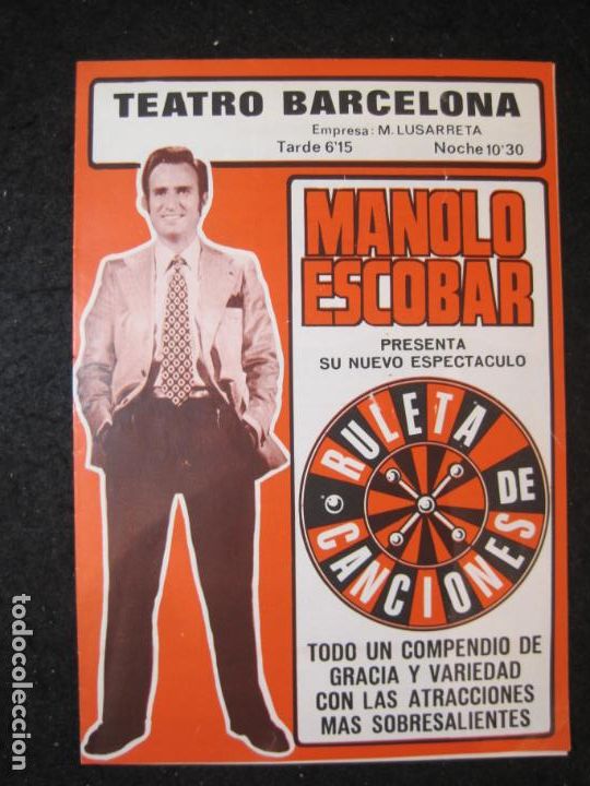Cat&aacute;logos de M&uacute;sica: MANOLO ESCOBAR-RULETA DE CANCIONES-TEATRO BARCELONA-PROGRAMA-VER FOTOS-(K-6175)