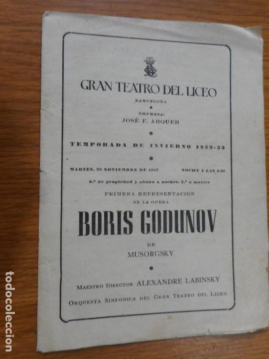 Catalogues de Musique: LICEO BARCELONA 1952.ALEXANDRE LABINSKY.BORIS CHRISTOFF.MARIA LUISA FANDOS.MONTSERRAT MILLAN