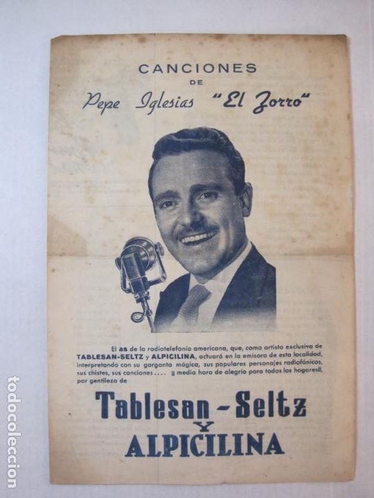 Catalogues de Musique: CANCIONES DE PEPE IGLESIAS EL ZORRO-TABLESAN SELTZ Y ALPICILINA-VER FOTOS-(K-6299)