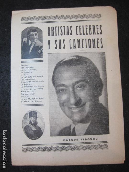 Catalogues de Musique: MARCOS REDONDO-ARTISTAS CELEBRES Y SUS CANCIONES-VER FOTOS-(K-6332)