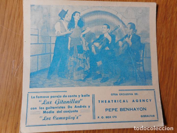 Cat&aacute;logos de M&uacute;sica: ANTIGUA TARJETA PUBLICITARIA LAS GITANILLAS LOS CAMAGUEY'S THEATRICAL AGENCY PEPE BENHAYON GIBRALTAR