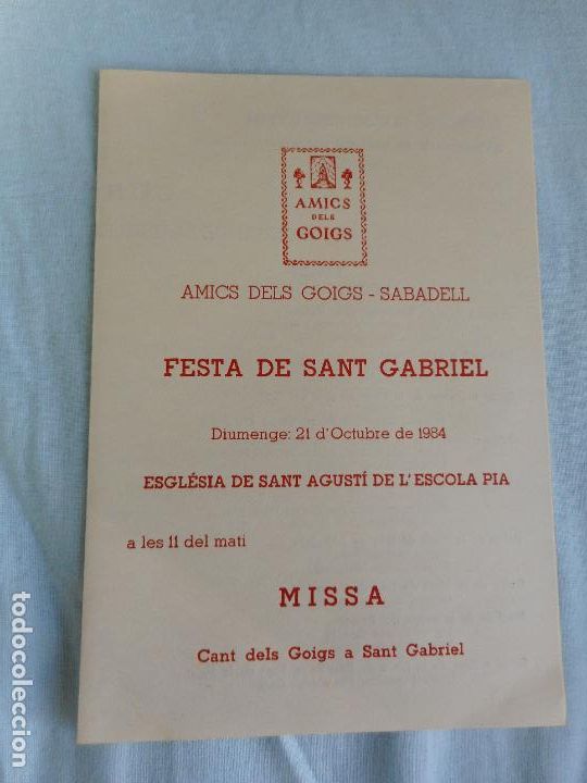 Catalogues de Musique: PROGRAMA CONCIERTO AMICS GOIGS SABADELL. FESTA SANT GABRIEL 1984. JOAN AULADELL