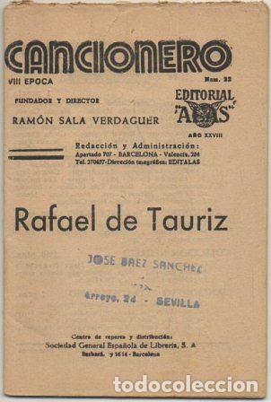 Cat&aacute;logos de M&uacute;sica: CANCIONERO &rdquo;RAFAEL DE TAURIZ&rdquo;. A&Ntilde;O XXVlll EPOCA, N&ordm; 22 A-CANCI-121