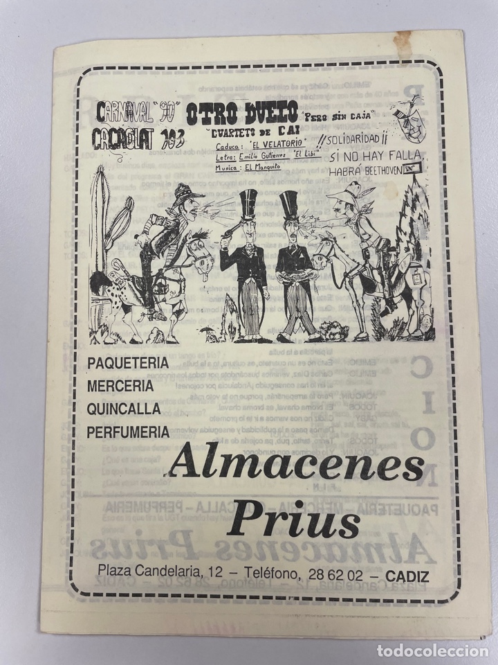 Cat&aacute;logos de M&uacute;sica: Carnaval C&aacute;diz 1990 hojilla libreto del cuarteto Otro duelo pero sin caja
