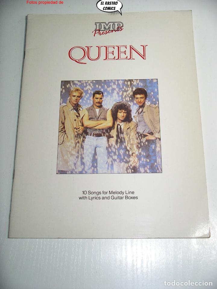 Cat&aacute;logos de M&uacute;sica: Queen, IMP presents 10 songs for melody line with Lyrics an guitar boxes, 1987, vocal, partituras C8